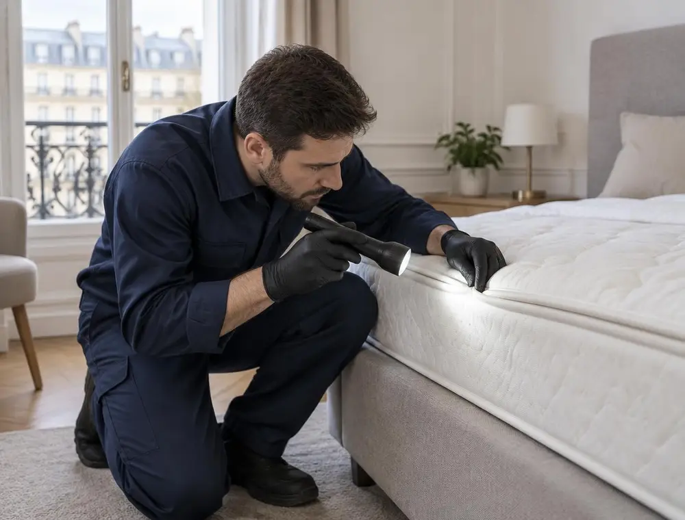 Inspection d'un matelas à la recherche de punaises de lit