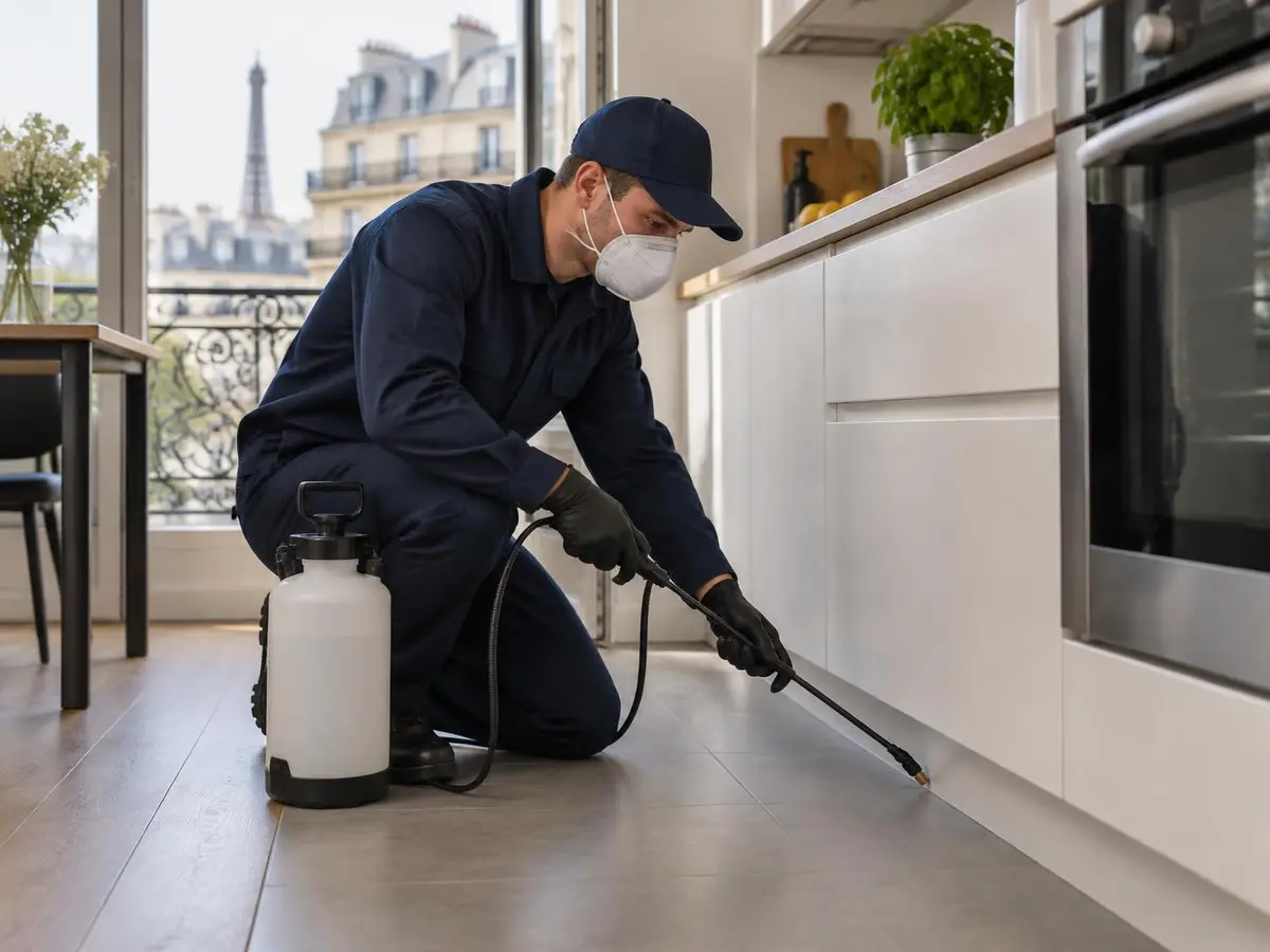 Technicien anti-nuisible traitant une cuisine à Paris